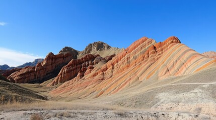 Naklejka premium The vivid hues of Zhangye Danxia landform under a bright blue sky, showing off the distinctive patterns and textures of the rock.