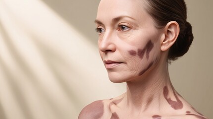 A side view of a patient with vitiligo, showcasing areas of depigmented skin on their face and neck, with a neutral background to focus on the condition