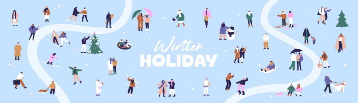 People have fun in winter holidays horizontal banner. Background with wintertime activities. Happy friends, couples, families ski, play snowballs, walk dogs, tubing outdoors. Flat vector illustration