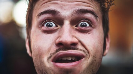 Close-up of surprised man with wide eyes and comical expression