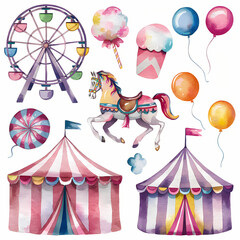 set of icons, carnival theme, merry go round, watercolor illustration, isolated on white background