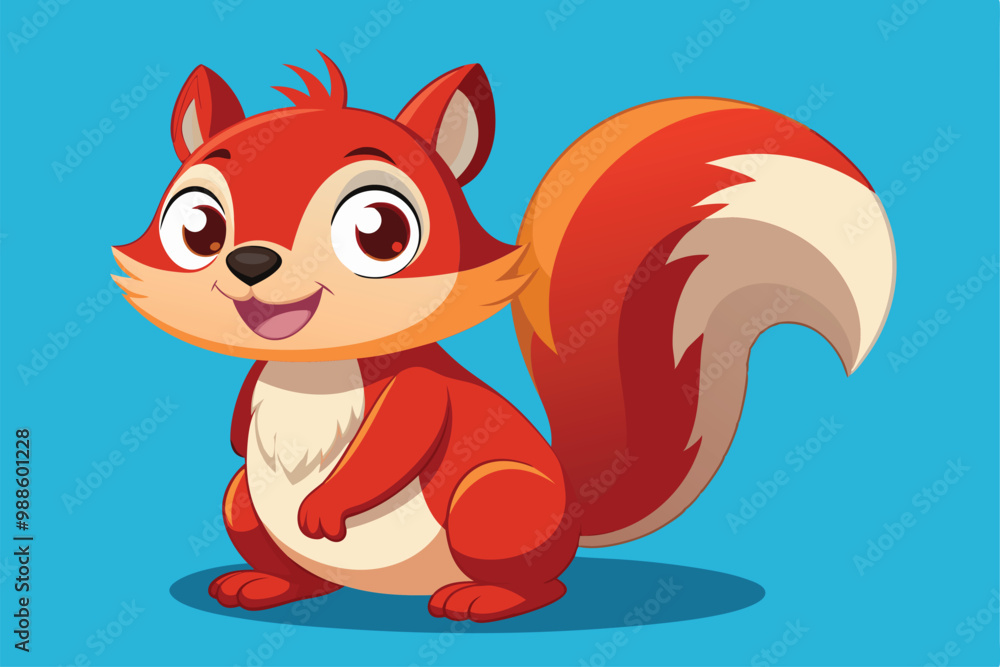 Poster a red squirrel character smiles joyfully while sitting with its tail curled, a cartoon character of 