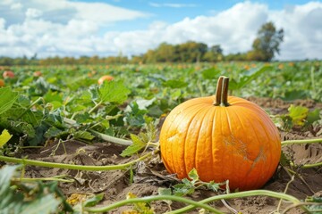 Large ripe pumpkin growing on the vine in a pumpkin patch field