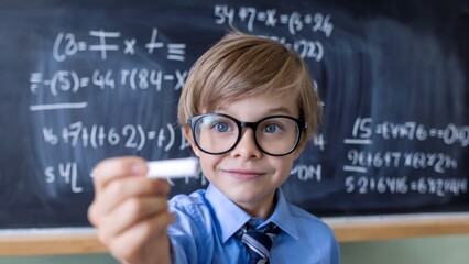 Young student holding chalk in classroom with math equations on chalkboard