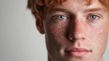 Obraz premium Biometric Face Detection of Middle-Aged Fair-Skinned Male with Freckles in Soft Lighting on Plain Background