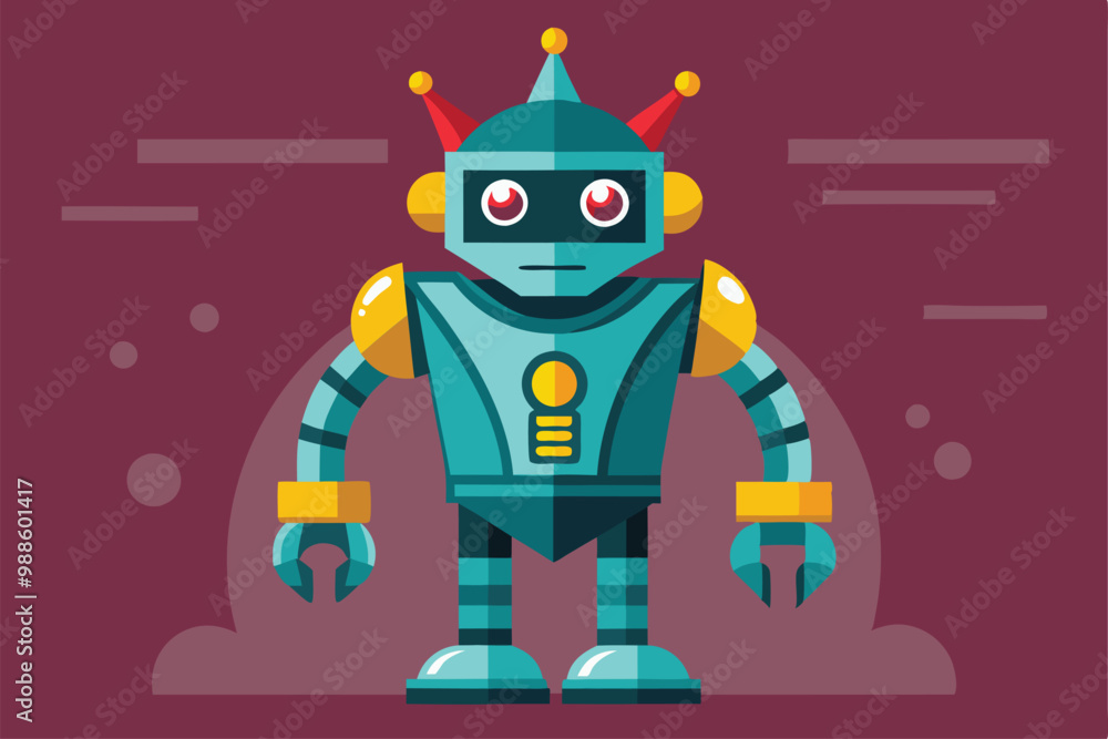 Poster a colorful robot character stands proudly with a joyful expression in a whimsical setting, a cartoon
