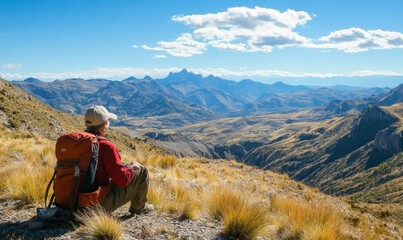 Hiker overlooking a vast, mountainous landscape.