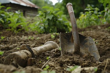 Rusty shovel and irrigation pipe left on the field after a long day of work