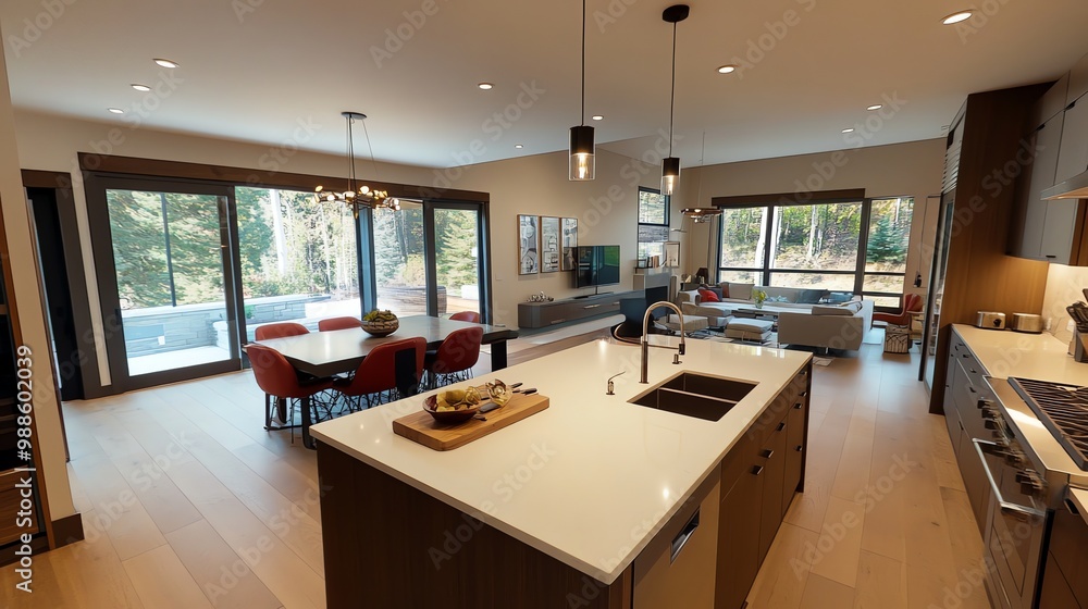 Poster modern kitchen and dining area with large windows overlooking a view of trees and a lake.