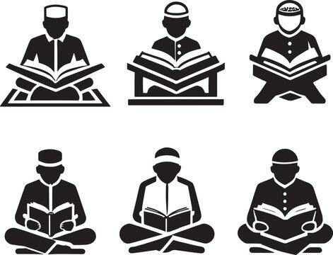 Set of moslem man reading Al-Quran icon
