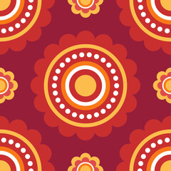 Seamless pattern. Red and yellow symmetrical ethnic mandala on dark red background. Oriental pattern, vector illustration. Indian or Arabic mandala. Diwali festival. Fabric, wrapping paper.