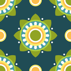 Seamless pattern. Green and yellow symmetrical ethnic mandala on darl green background. Oriental pattern. Indian or Arabic mandala. Diwali festival. Fabric, wrapping paper.