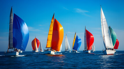 A fleet of colorful sailboats racing in the open sea under a clear blue sky with their sails catching the wind.