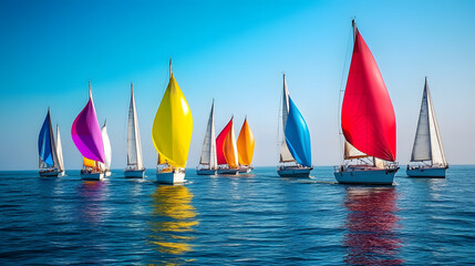 A fleet of colorful sailboats racing in the open sea under a clear blue sky with their sails catching the wind.