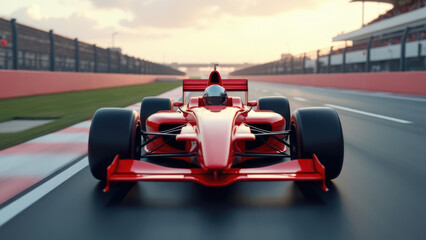 A red race car is speeding down a track. The car is in the middle of the track and is the only car visible. The track is surrounded by a red and white striped fence