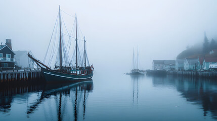 A foggy island harbor with ancient wooden ships moored along the pier shrouded in early morning mist.