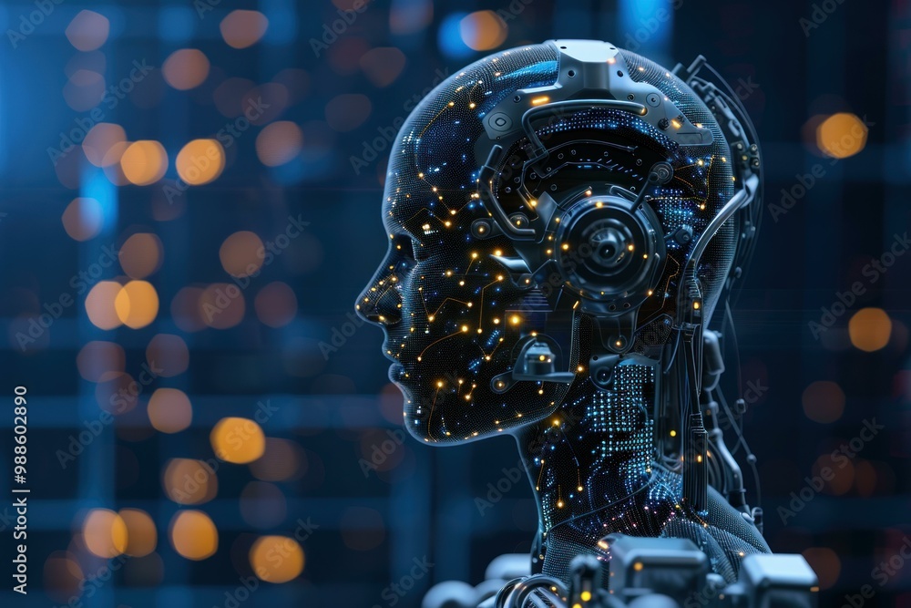 Aufkleber robot with a transparent head showcasing its complex internal components, illuminated by glowing lig