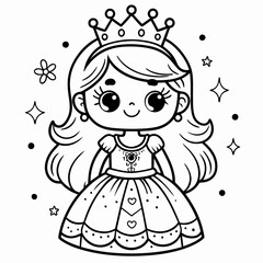 little princess black outline illustration for kids coloring book 