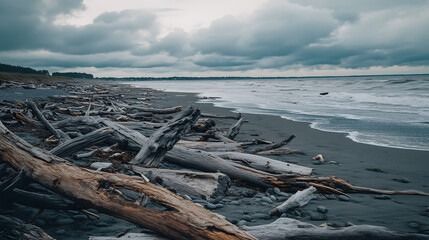 A forest of driftwood scattered along a remote beach weathered by the elements.