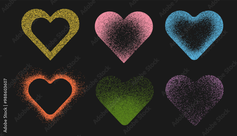 Poster set of gradient grain color heart shape. elements multicolor design on black background. hearts with