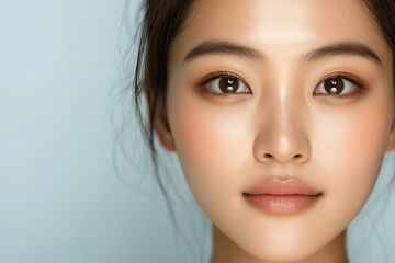 Fototapeta premium Beautiful South Korean Woman Using Salicylic Acid Skincare Treatment to Reduce Inflammation and Achieve Clear Glowing Skin