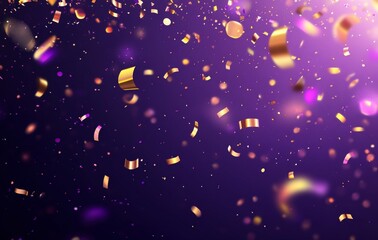 Abstract background with golden confetti and blurred shapes on a purple background.