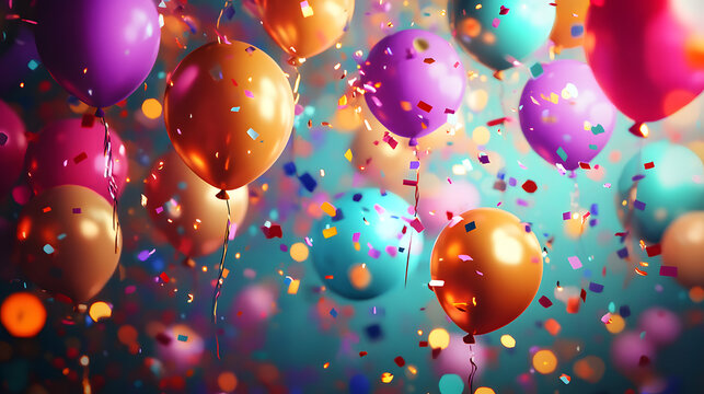 birthday backgro9und with ballons and confetti