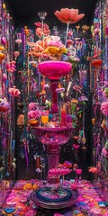 Glass Flowers and Colorful Drinks in a Pink and Black Room