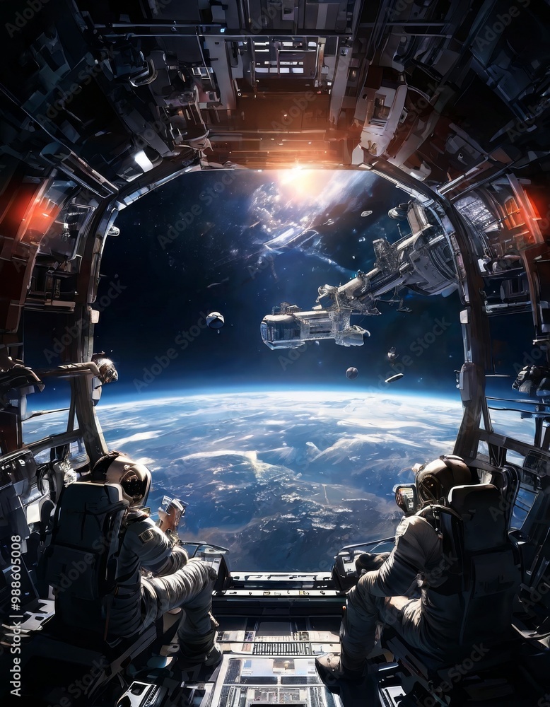 Poster two astronauts inside a spacecraft observe a massive space station in orbit above earth. the view fr