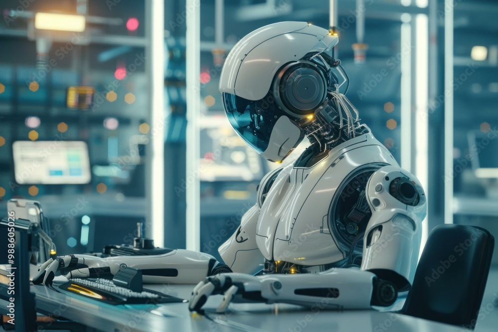 Aufkleber advanced humanoid robot working on laptop and control panel in futuristic laboratory