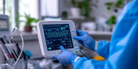 Doctor analyzing digital health monitor, softly blurred medical instruments in background, focused on patient care and technology integration