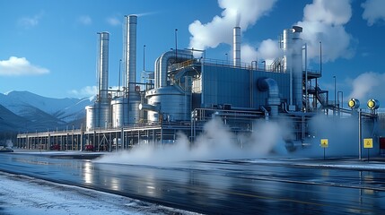 Obraz premium Geothermal power plant. Green energy. Geothermal power plant pipeline and steam. Clean green renewable energy. Alternative energy. Clean ecology. Environmental protection. Healthy lifestyle
