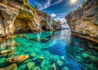 Obraz premium A sunlit cavern's crystal-clear turquoise waters lap against rugged cliffs, revealing the mesmerizing beauty of the