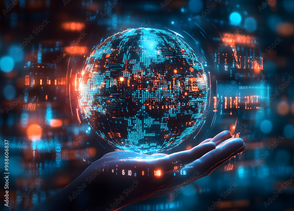 Poster a hand holds a glowing globe surrounded by binary code and a digital world map showcasing global con