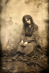 A melancholy woman in tattered clothing sits against a worn wall, her posture reflecting exhaustion. The sepia tones and barren surroundings evoke a sense of despair and historical struggle.