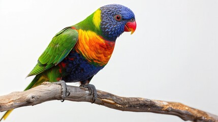 Naklejka premium Vibrant Rainbow Lorikeet on Branch, A striking side view of a colorful lorikeet perched gracefully on a branch, vivid plumage showcasing its brilliance against a clean backdrop