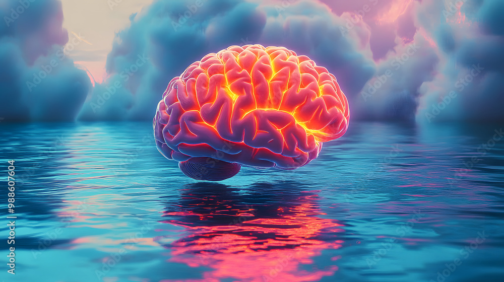 Poster surreal digital illustration of a glowing human brain with plexus lines floating above a water-like 