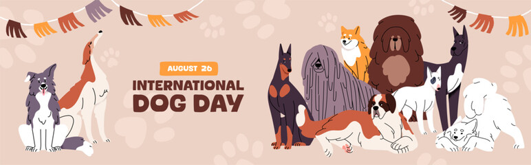 Design of International Dog Day horizontal poster. Template of web banner of domestic animals holiday. Promotion of festive event for pets, doggies of different breeds. Flat vector illustration