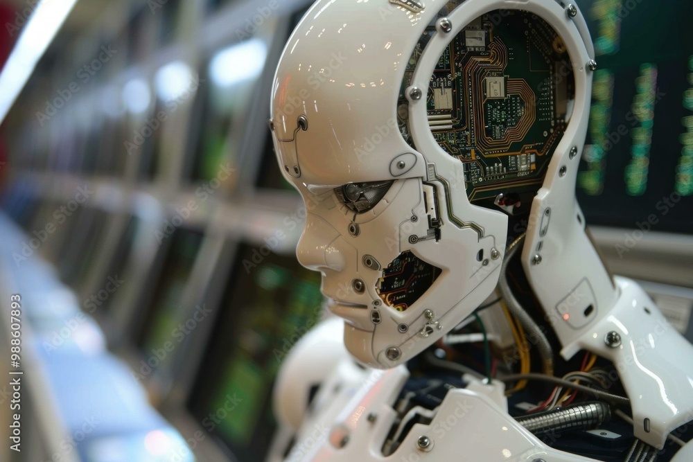 Poster white humanoid robot with exposed circuits looking left in a server room