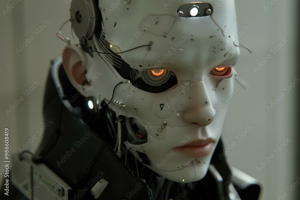 Poster close up of an android with glowing eyes, showcasing advanced technology and futuristic design