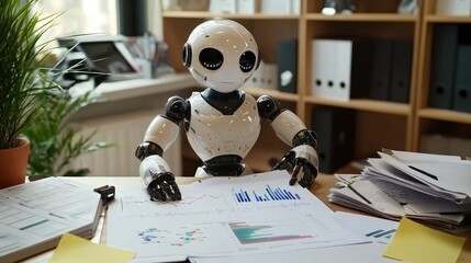 A robot composing a business marketing plan on paper, with charts and graphs visible on the desk. No people, business setting.