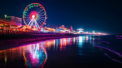 A lively beach carnival at night with colorful lights reflecting on the water and a Ferris wheel.