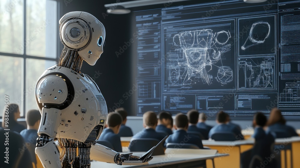 Poster ai artist robot explaining art theory to students in a futuristic classroom filled with smart techno
