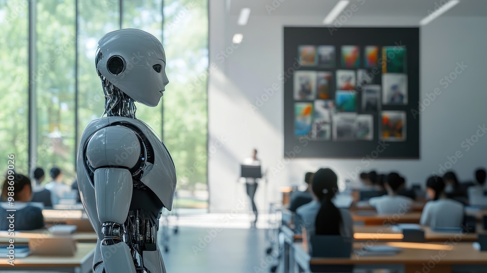 Poster ai artist robot explaining art theory to students in a futuristic classroom filled with smart techno