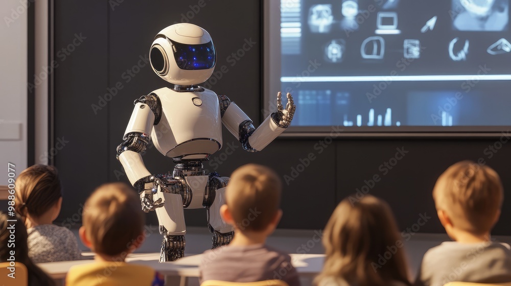 Poster ai artist robot explaining digital art techniques to children in an interactive classroom filled wit