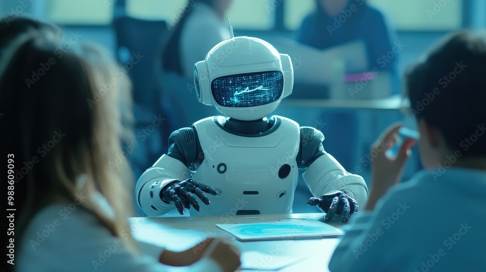 Poster ai artist robot explaining digital art techniques to children in an interactive classroom filled wit