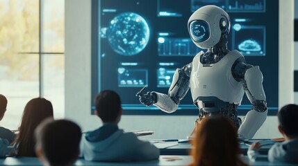 AI artist robot explaining art theory to students in a futuristic classroom filled with smart technology. No logo, no people.