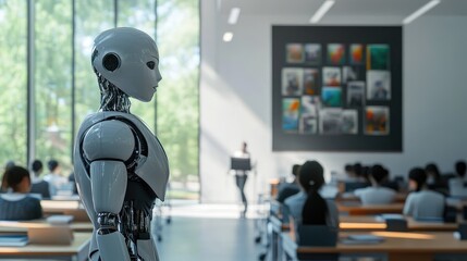 Fototapeta premium AI artist robot explaining art theory to students in a futuristic classroom filled with smart technology. No logo, no people.
