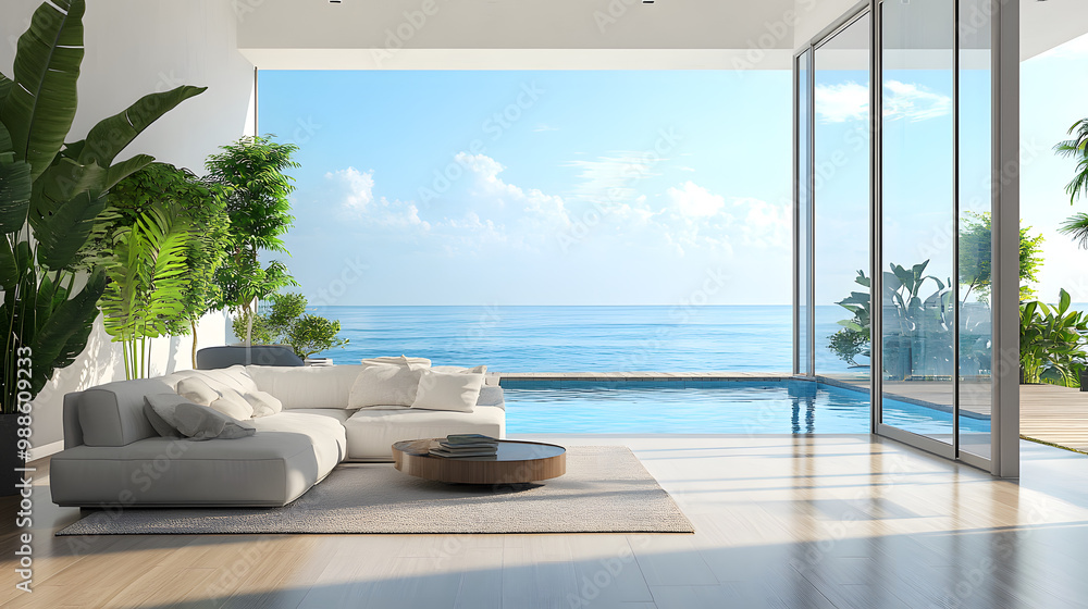 Poster a large white couch is in front of a large window overlooking the ocean