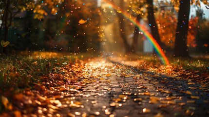 serene autumn scene with sunlight filtering through trees, illuminating path covered in golden leaves. quiet beauty of nature, enhanced by rainbow that adds touch of magic to peaceful landscape